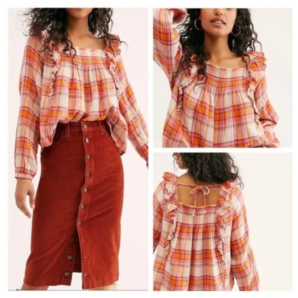 We the Free Siena Pink Orange Smocked Square Neck Peasant Top Size Medium Gauzy